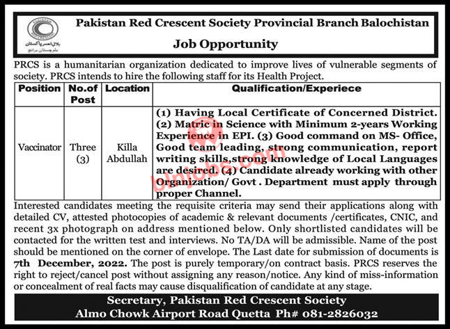 Pakistan Red Crescent Society PRCS Killa Abdullah Jobs 2022