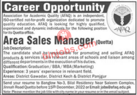 Area Sales Manager Jobs in AFAQ Quetta 2022