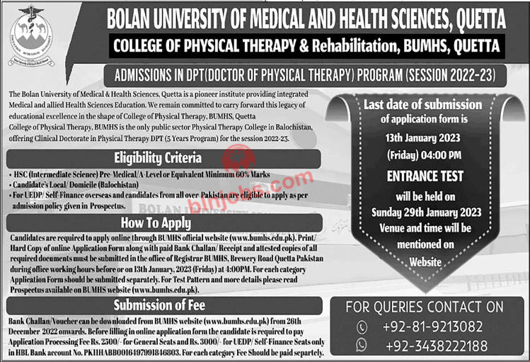 Bolan University Of Medical And Health Sciences Quetta Admissions 2023