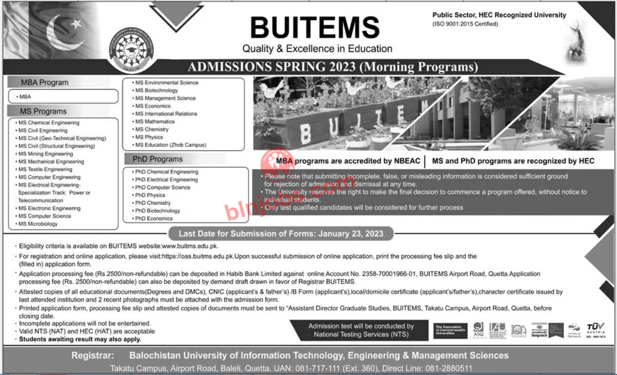 BUITEMS Quetta Admissions 2023