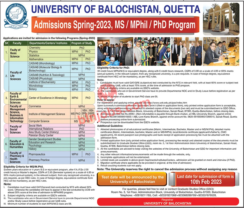 University of Balochistan UOB Quetta Admissions 2023