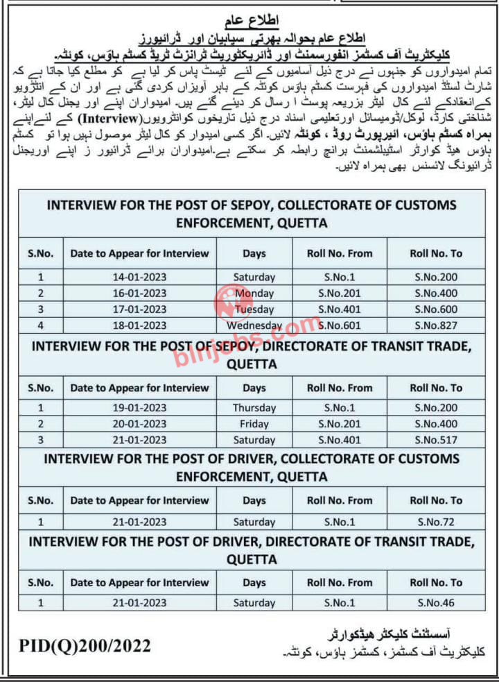 Custom Balochistan Quetta Sepoy and Driver Interview Schedule 2023
