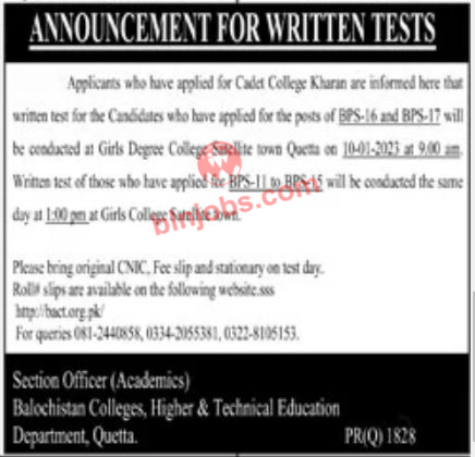 Cadet College Kharan Written Test Schedule 2023