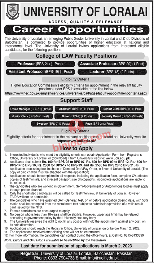 University of Loralai UOL Jobs 2023