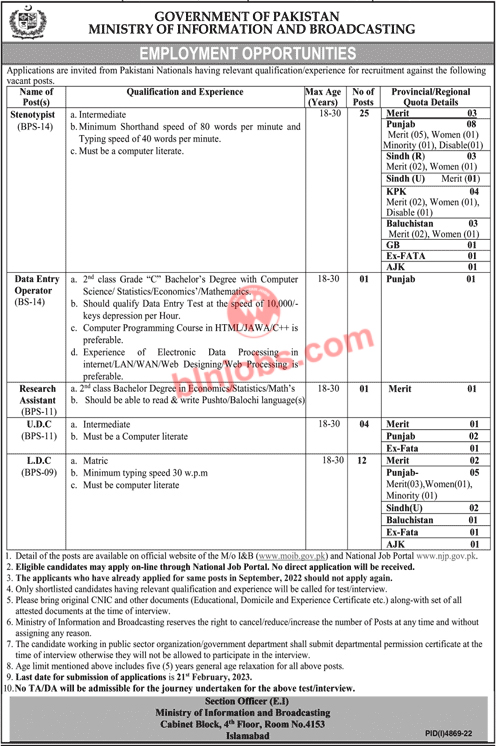 Ministry of Information & Broadcasting Balochistan Jobs 2023