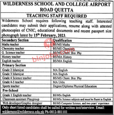 Wilderness School and College Quetta Jobs 2023