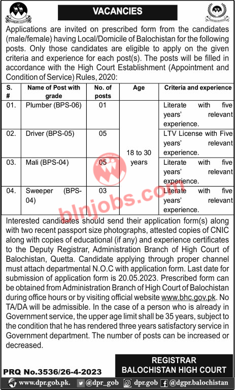 Balochistan High Court Jobs 2023