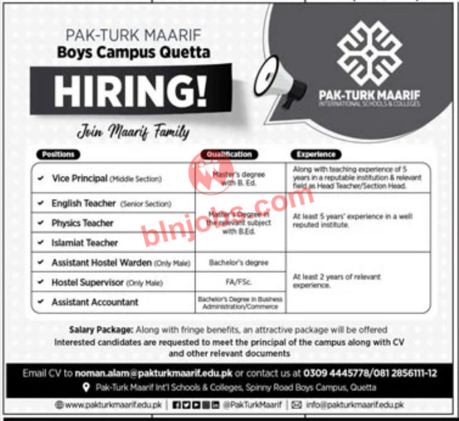 Pak Turk Maarif Boys Campus Quetta Jobs 2023