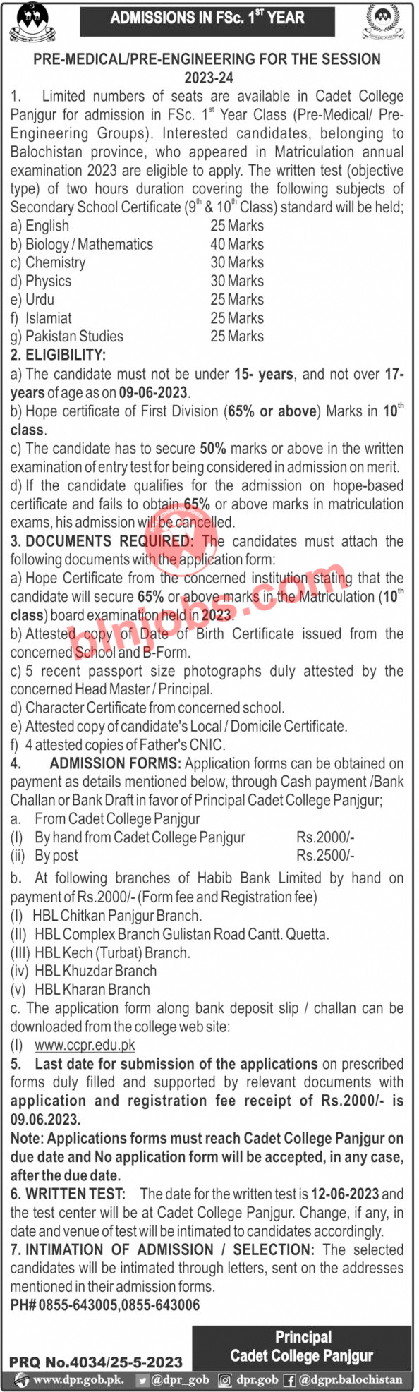 Cadet College Panjgur Admissions 2023
