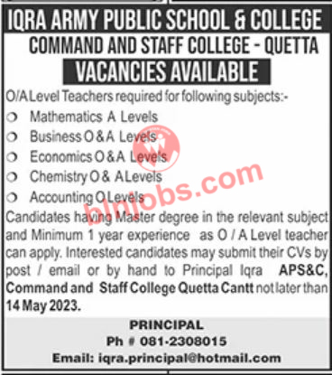 Iqra Army Public School and College Quetta Jobs 2023