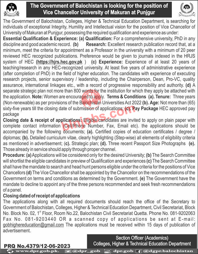 University of Makran Panjgur Vice Chancellor Jobs 2023