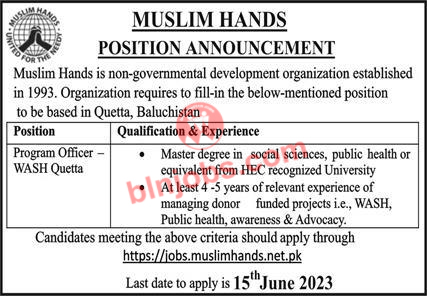 Muslim Hands Quetta Jobs 2023