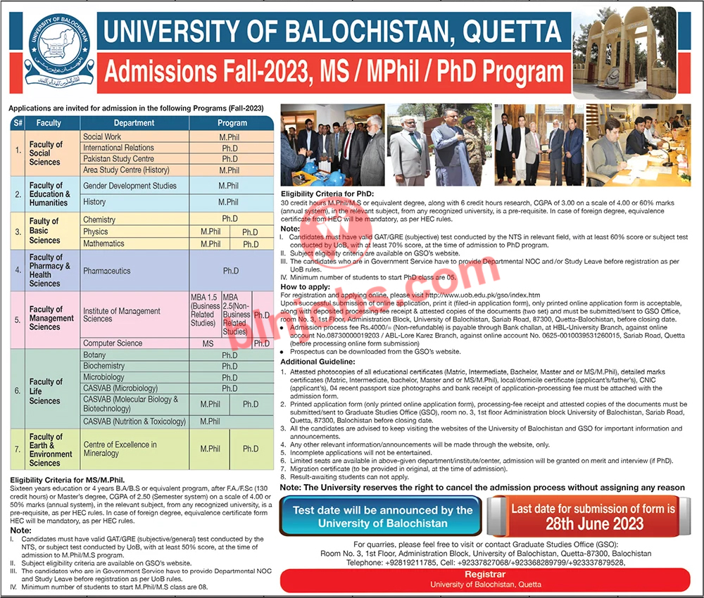 University of Balochistan UOB Admissions 2023