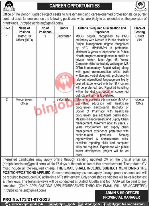 Donor Funded Project Sibi and Quetta Jobs 2023