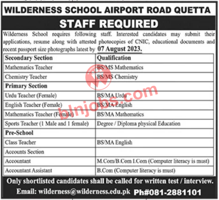 Wilderness School Quetta Jobs 2023