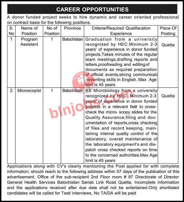 Donor Funded Project Balochistan Jobs 2023