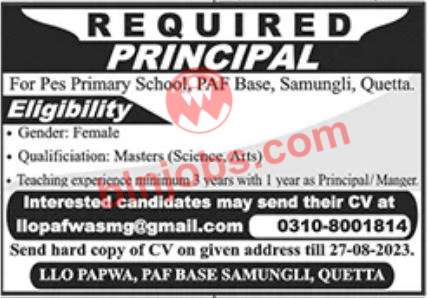 PES Primary School PAF Base Quetta Jobs 2023