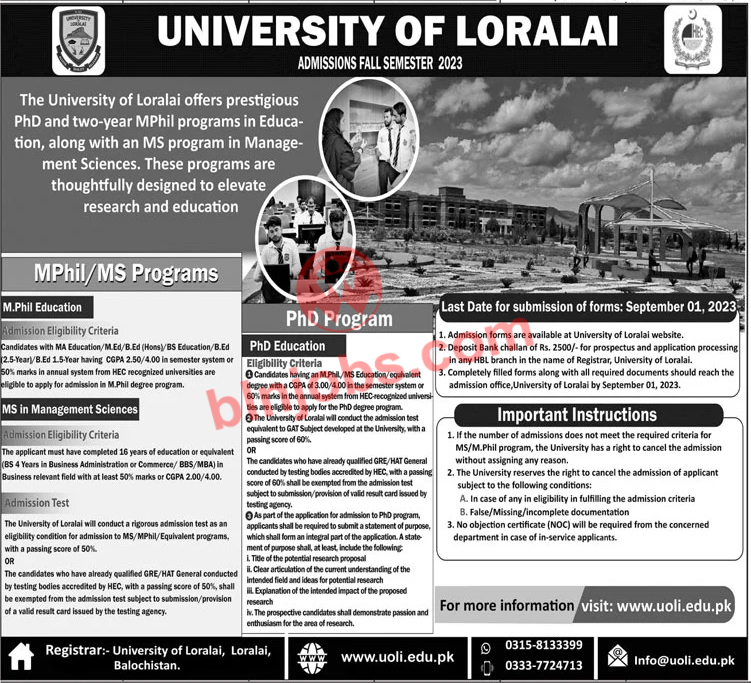 University of Loralai UOL Admissions 2023