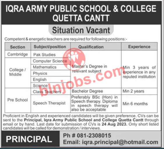 Iqra Army Public School & College Quetta Jobs 2023