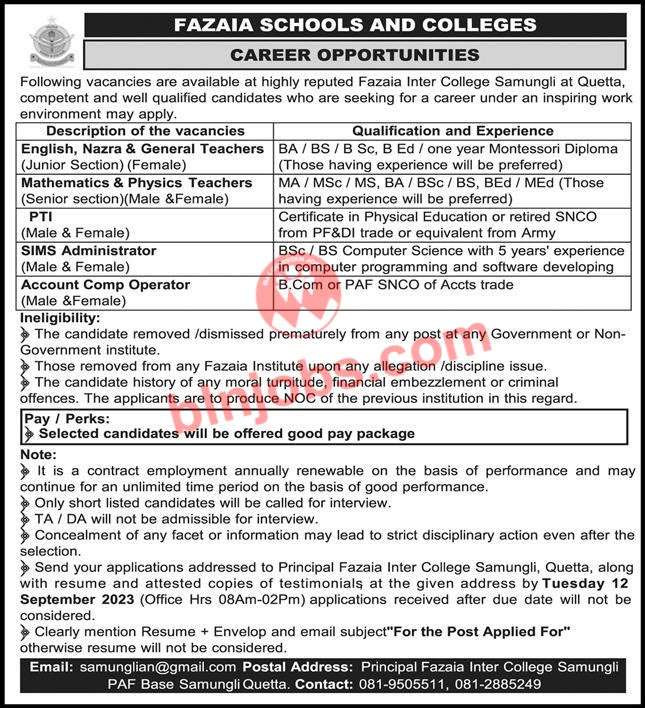 Fazaia Inter College Quetta Jobs 2023