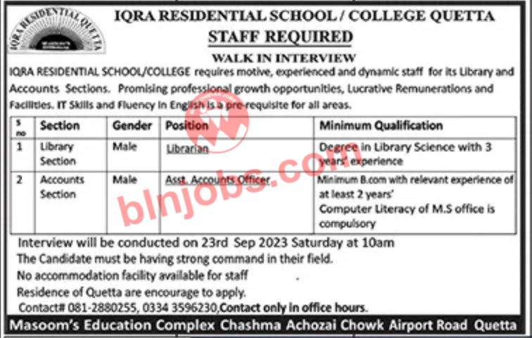 Iqra Residential School and College Quetta Jobs 2023