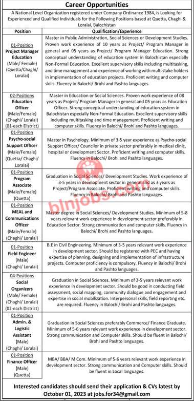 New Jobs in NGO Balochistan 2023
