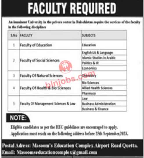 Masoom Educational Complex Quetta Jobs 2023