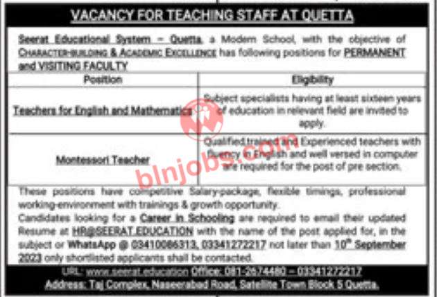 Seerat Educational System Quetta Jobs 2023