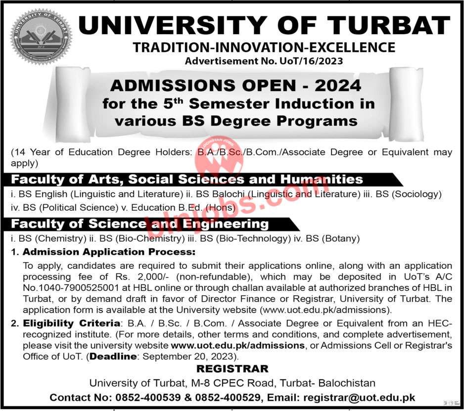 University of Turbat UOT Admissions 2024