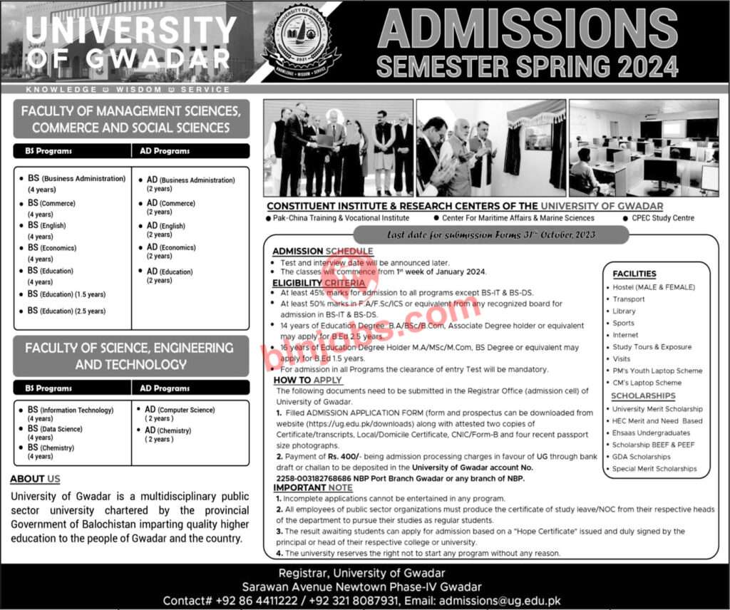 University Of Gwadar UOG Admissions 2024 Balochistan Jobs