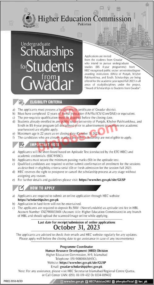 Undergraduate Scholarships for Students from Gwadar 2023