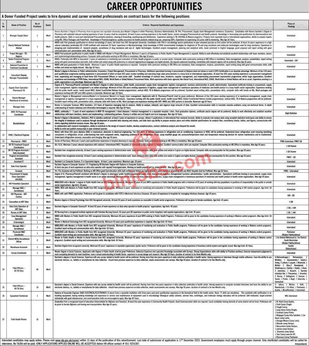 Donor Funded Project TB Control Program Balochistan Jobs 2023