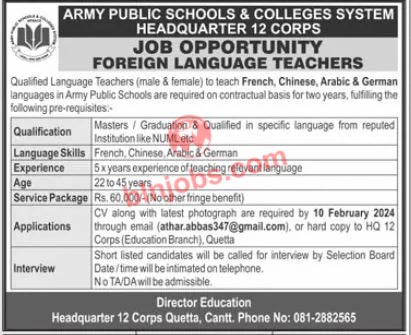 Army Public School & College Quetta Jobs 2024