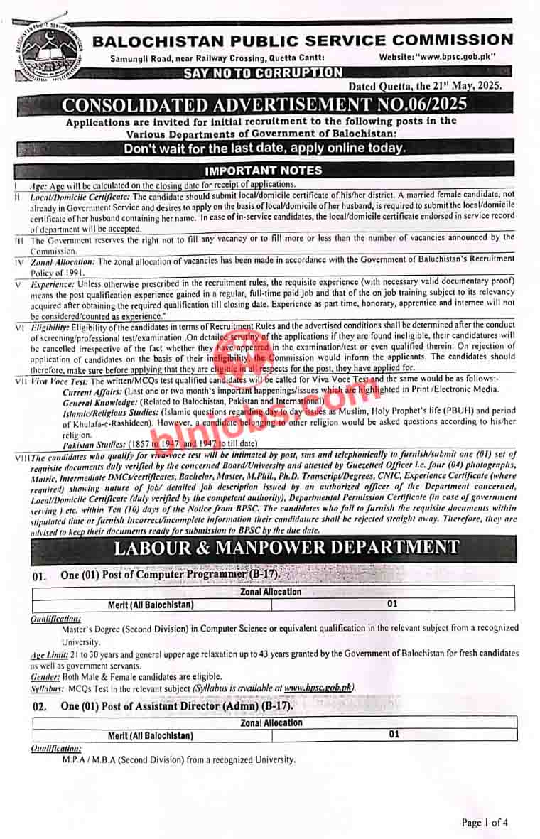 BPSC Jobs 2025 - Advertisement No 06-2025