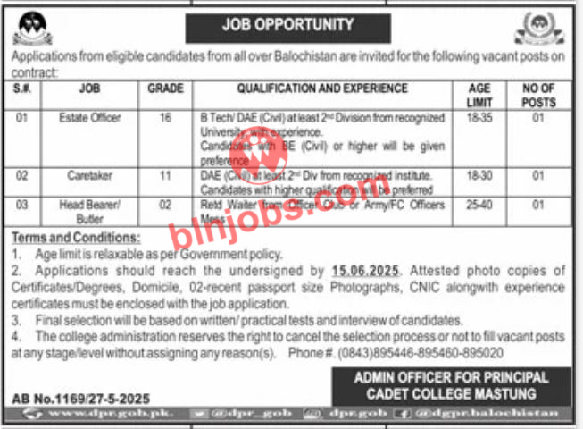 Cadet College Mastung Jobs 2025
