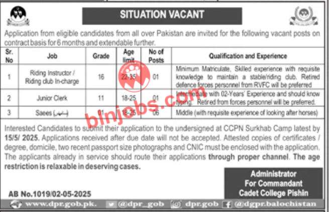 Cadet College Pishin Jobs 2025