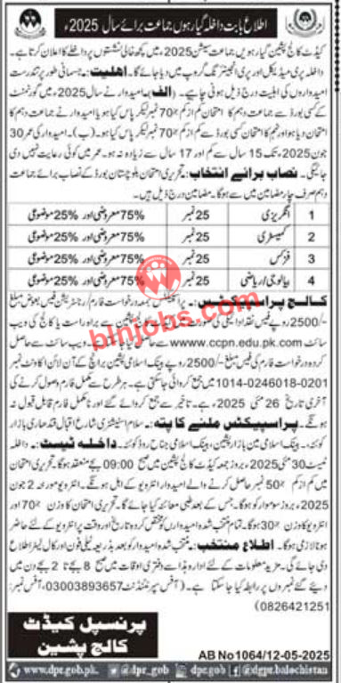 Cadet College Pishin 1st Year Admissions 2025