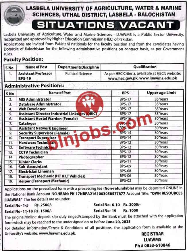 Lasbela University LUAWMS Uthal Jobs 2025