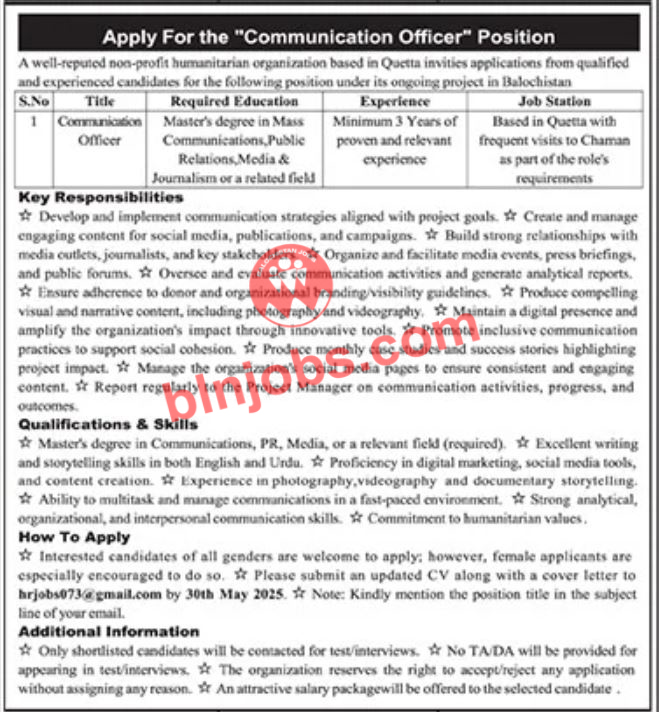 NGO Quetta Communication Officer Jobs 2025