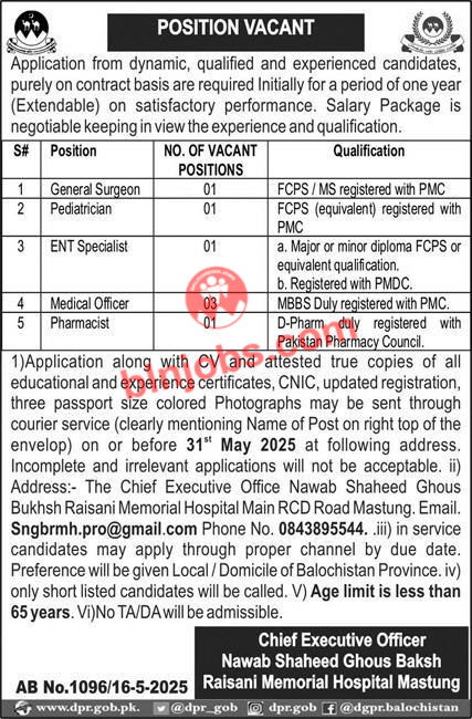 NSGBRM Hospital Mastung Jobs 2025