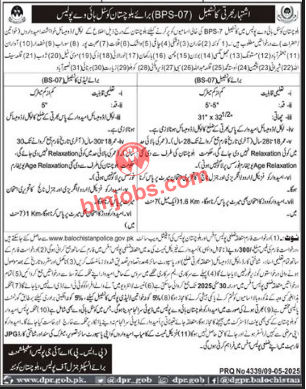 Balochistan Coastal Highway Police Jobs 2025