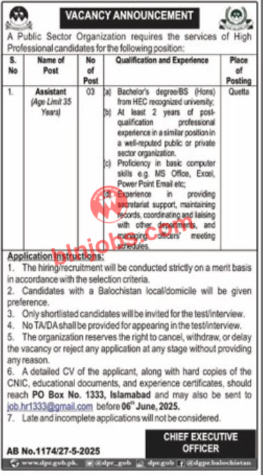 Public Sector Organization Balochistan Quetta Jobs 2025