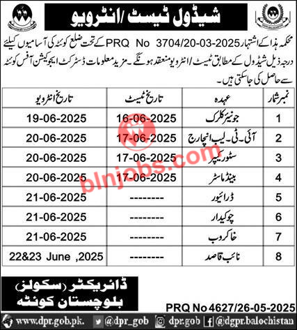 School Education Department Quetta Test Interviews 2025