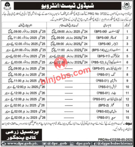 Agriculture College Panjgur Test Interviews 2025