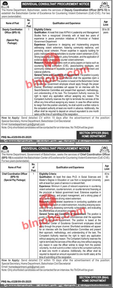 Home Department Balochistan Jobs 2025