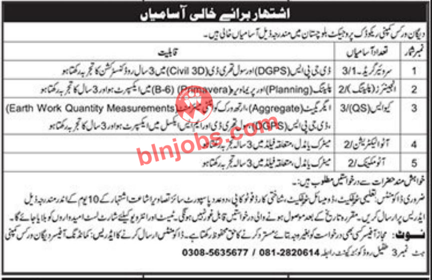 Digan Works Company Reko Diq Project Balochistan Jobs 2025