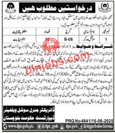 Social Welfare Department Quetta Social Worker Jobs 2025