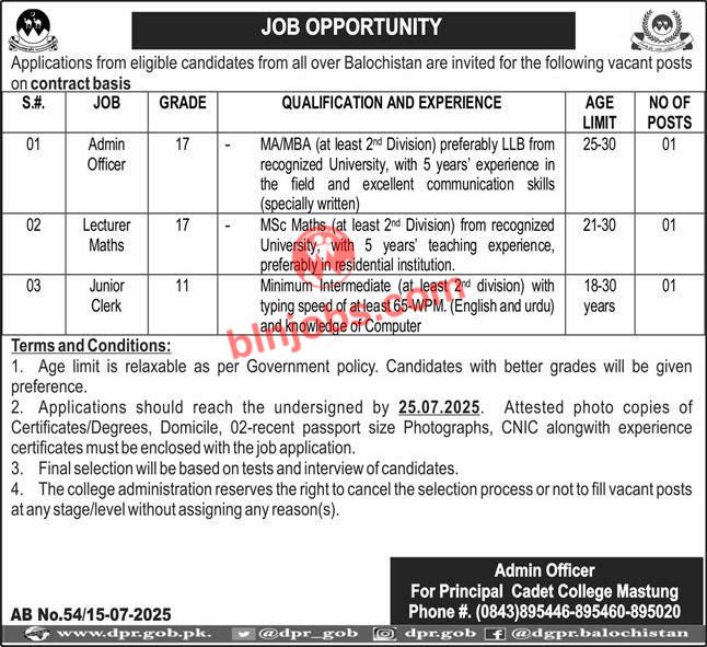 Cadet College Mastung Jobs 2025