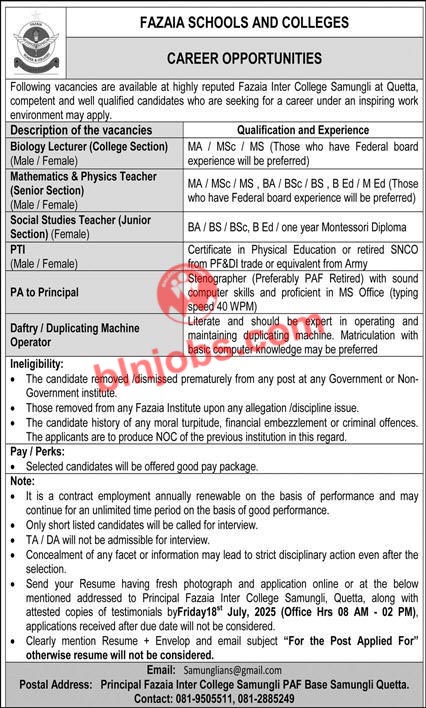 Fazaia School and Colleges Quetta Jobs 2025