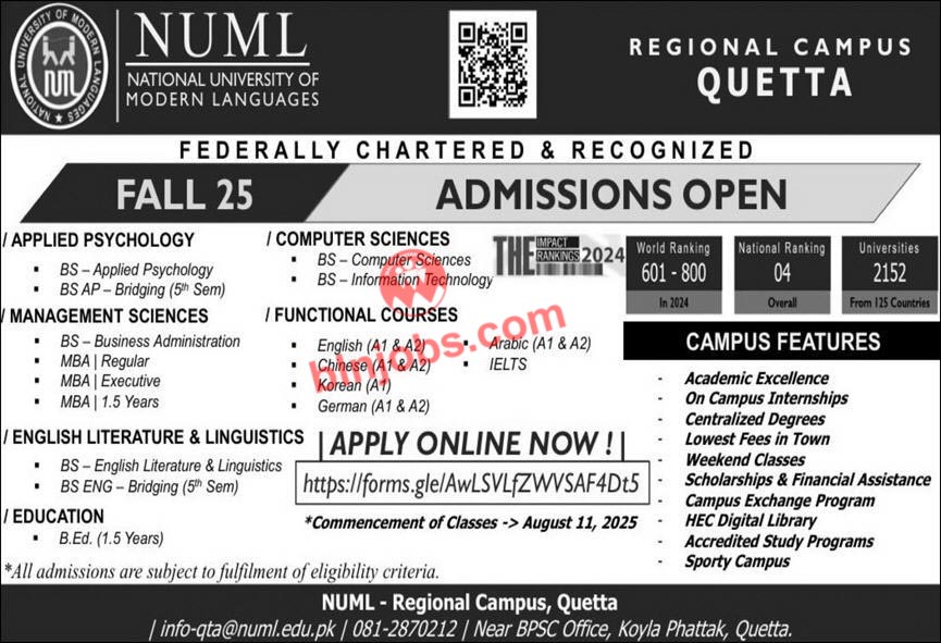 NUML University Quetta Campus Admissions 2025